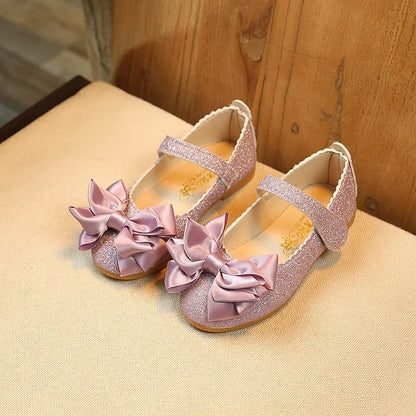 Girls Glitter Bow Flats - Princess Leather Dress Shoes for Toddlers & Kids, Dance Party Footwear
