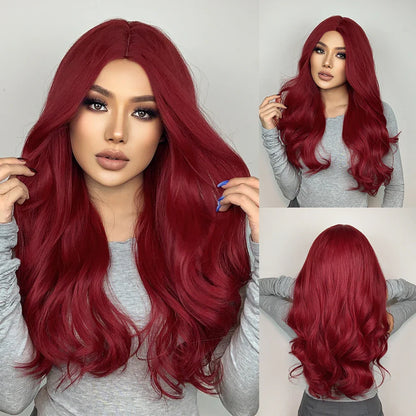 Long Wavy Brown Synthetic Wig for Women – Middle Part, Natural Look, Heat-Resistant Fiber for Daily Wear & Cosplay