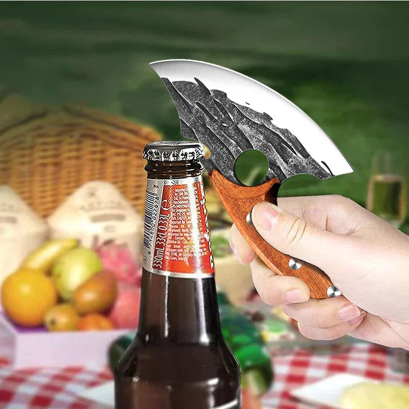 Forged Viking Meat Cleaver – Portable Kitchen Chef Knife for Boning, Fruit Cutting, BBQ & Utility, with Can Opener