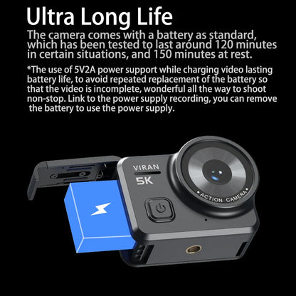 VIRAN V10 5K Waterproof Action Camera with 2" Touch LCD, Electronic Image Stabilization, Dashcam & Motion Detection