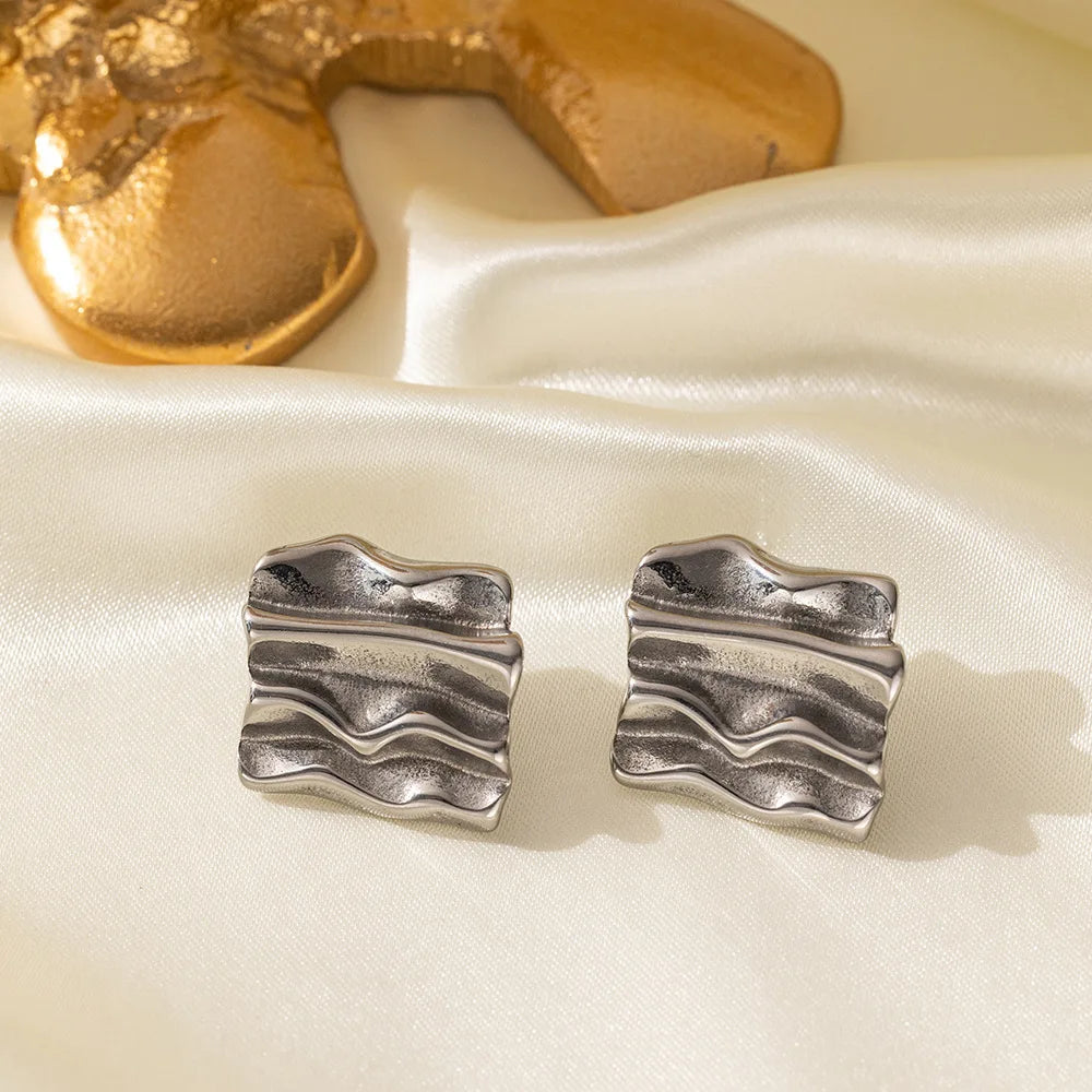 CARLIDANA 18K Gold Plated Titanium Steel Square Earrings – Waterproof Wrinkle-Shaped Jewelry
