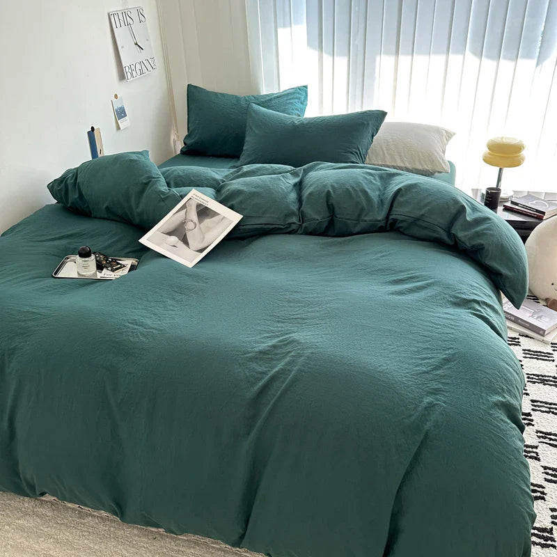 Solid Cotton Bedding Set - Sheet, Duvet Cover & Pillowcase, Single/Double/Twin/King/Queen Size