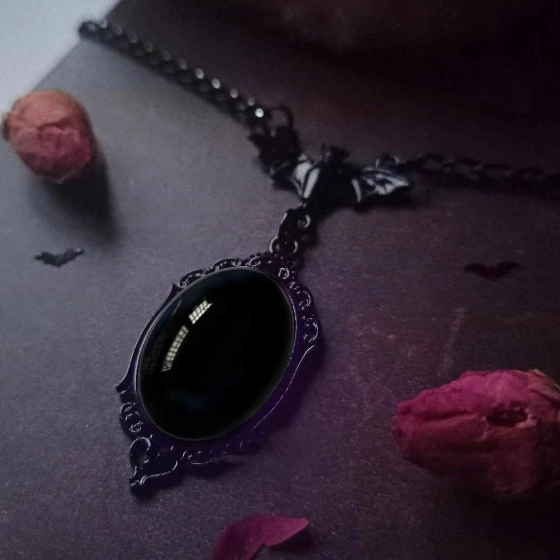 Gothic Vampire Blood Drop Necklace — Vintage Purple & Red Bat Eye Pendant, Witch Jewelry Accessory Gift for Women