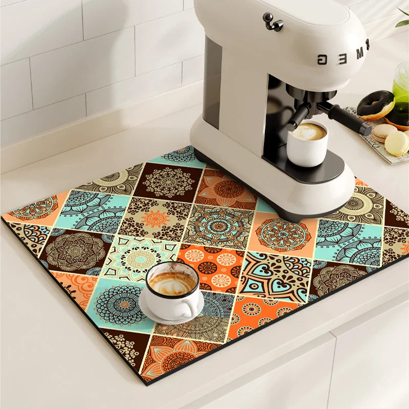 Retro Coffee Maker & Dish Drying Mat – Non-Slip, Quick-Dry Kitchen Placemat for Tableware, Washable