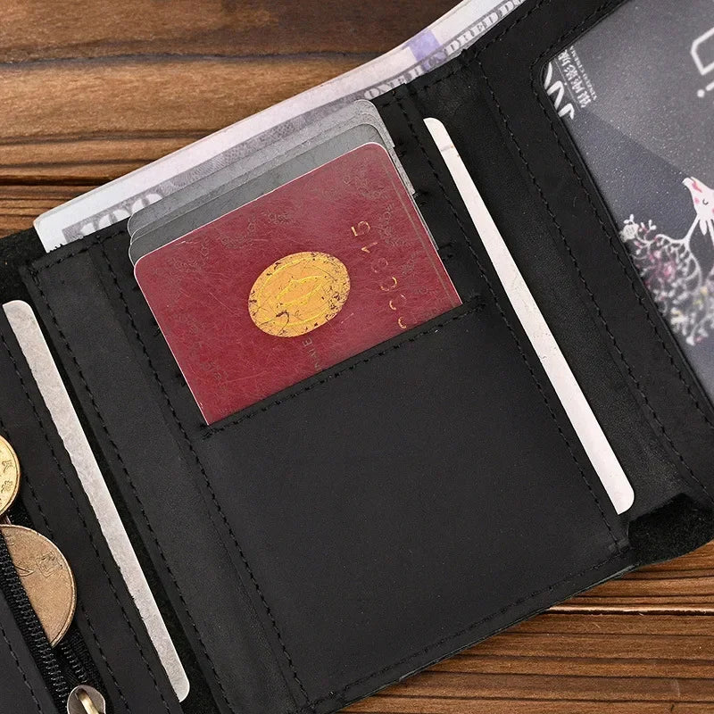 Men's Genuine Leather Short Wallet with Chain – Zipper Clutch, Trifold Purse, Card Holder & Coin Purse for Men