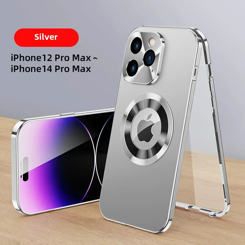Magnetic Absorption Phone Case for iPhone 16/15/14/13 Pro Max – Aluminum Alloy & Glass Full-Body, Anti-Fall Protection