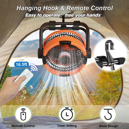 Camping Fan 20000mAh – Rechargeable Portable Outdoor Tent Fan with Air Circulator, Wireless Ceiling Fan, Hook, and Light