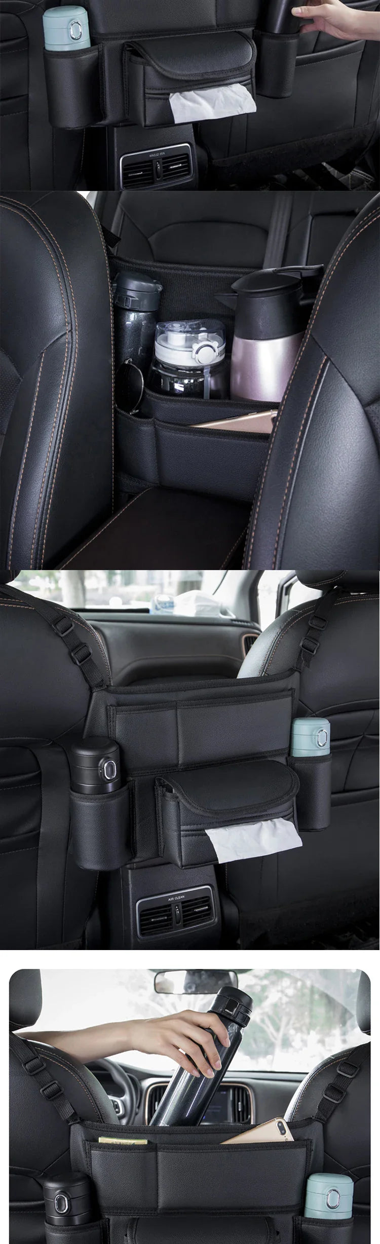 Car Seat Middle Hanger Leather Storage Bag – Multifunction Hanging Organizer with Handbag Holder, Water Cup & Tissue Pockets