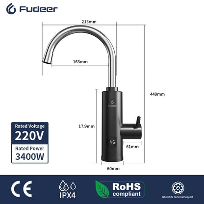 Fudeer 3400W 220V Electric Kitchen Water Heater Tap – Instant Hot & Cold Stainless Steel Faucet Heater