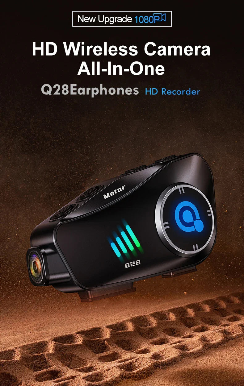 Q28 Motorcycle Helmet Bluetooth Headset — 1080P HD Wireless Camera with Super Wide-Angle Lens, WiFi, IP66 Waterproof Video Recorder