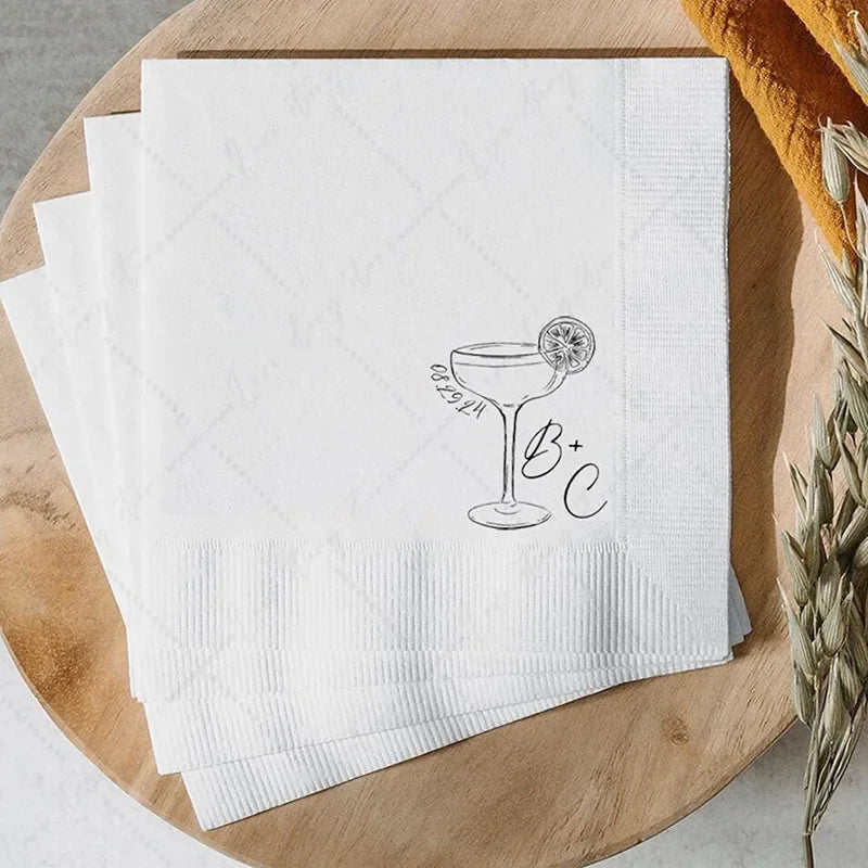 50pcs Personalized Wedding Cocktail Napkins – Custom Initials & Pet Portrait Dinner Party Decor