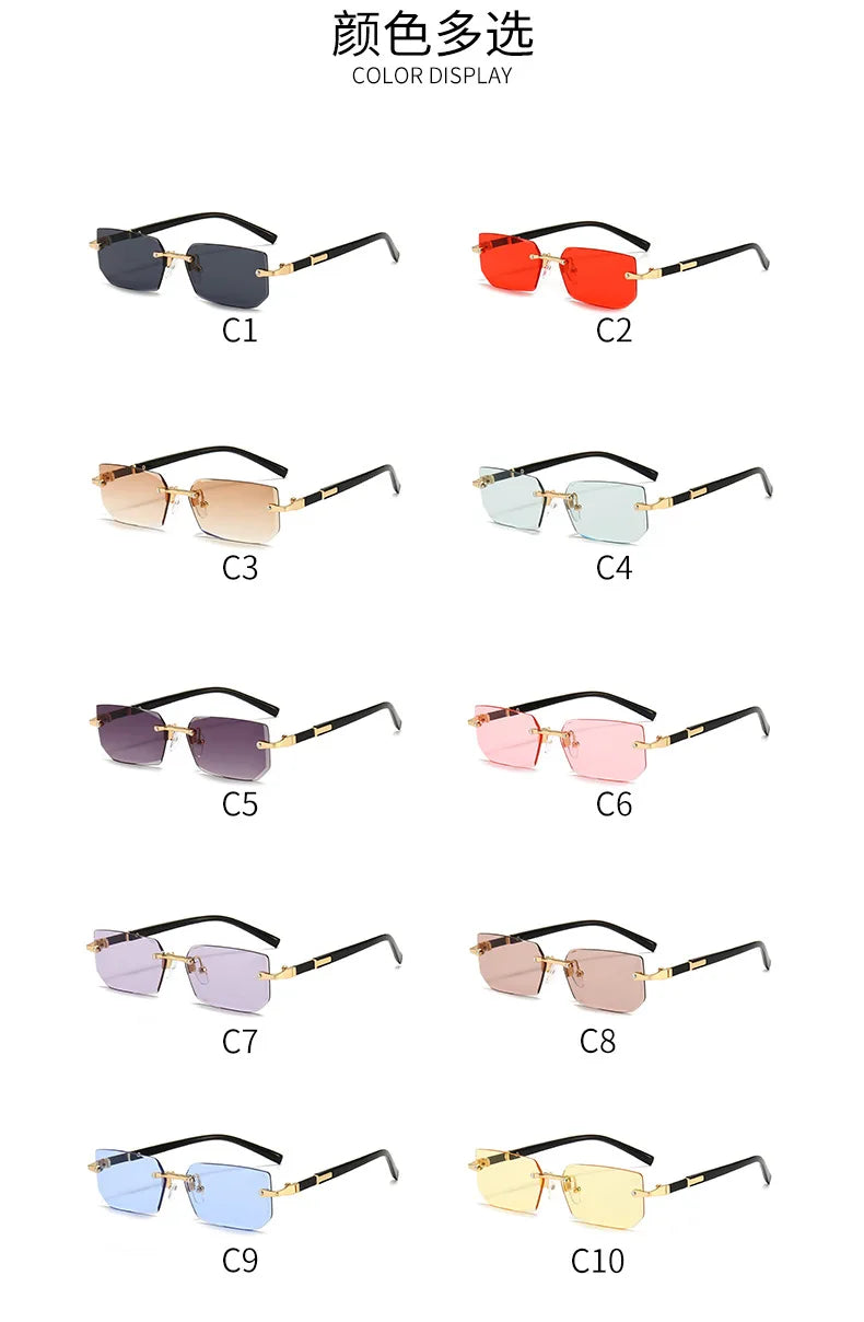 Rimless Rectangle Sunglasses — Fashion Small Square Shades for Men & Women, Summer Travel Eyewear
