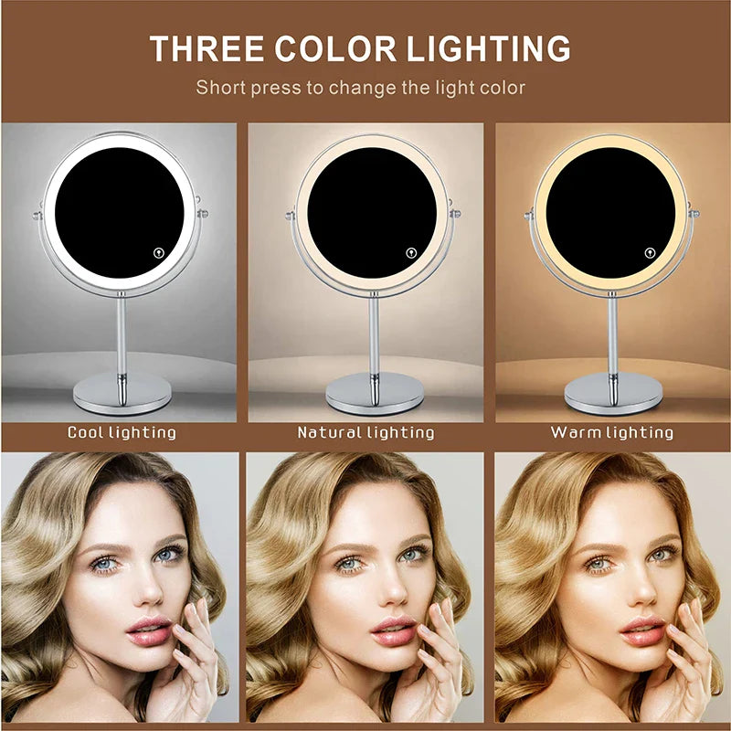 8 Inch 10X Magnifying LED Makeup Mirror - Double-Sided with 3 Color Light Touch Switch, USB Charging, Desktop Vanity Cosmetic Mirror