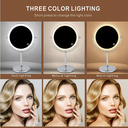 8 Inch 10X Magnifying LED Makeup Mirror - Double-Sided with 3 Color Light Touch Switch, USB Charging, Desktop Vanity Cosmetic Mirror