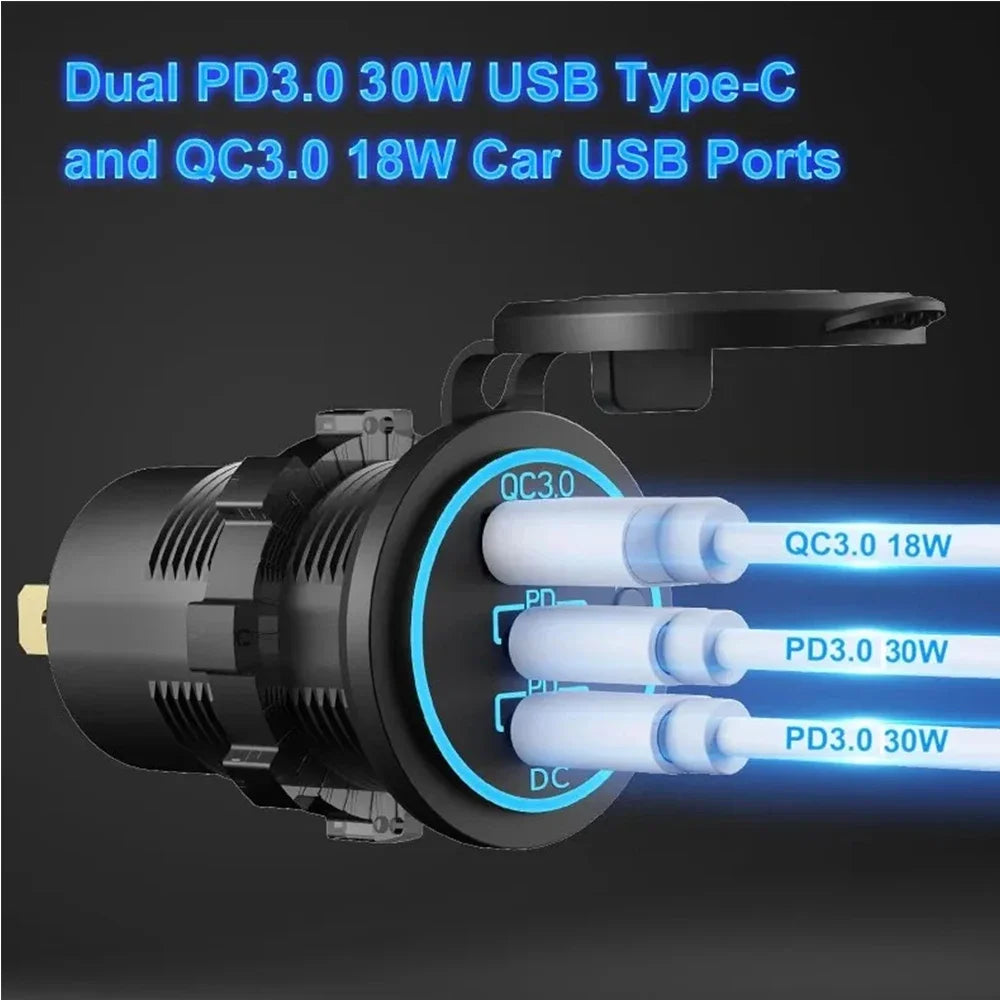 QC3.0 + PD 78W Car Charger Socket Triple USB Type-C Fast Charging Power Adapter with Switch Waterproof 12V/24V Universal Car Charger