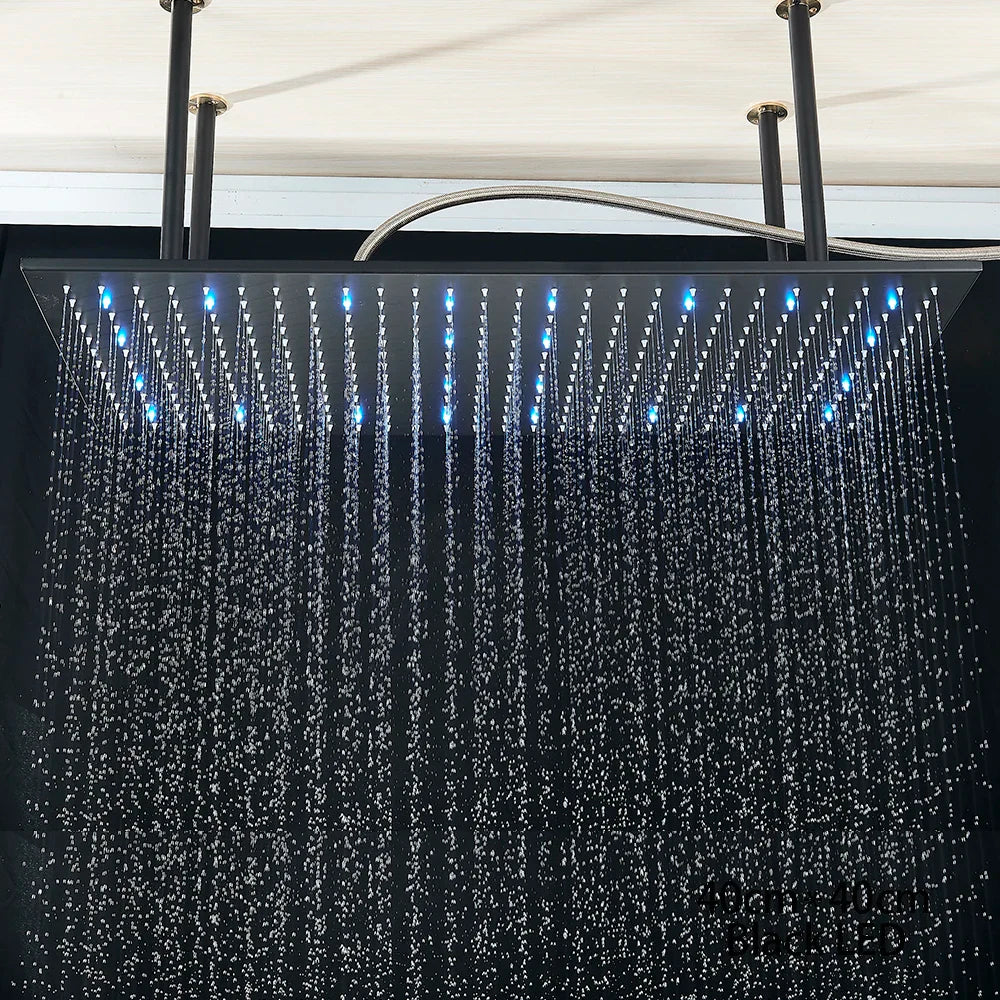 Black Ceiling Mounted LED Rainfall Shower Head – Intelligent Remote Control Concealed Waterfall Tap