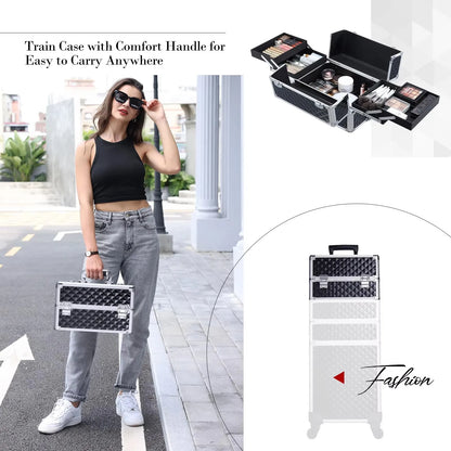 Makeup Trolley Case 4-in-1 — Detachable Alloy Train Briefcase with Wheels, Lockable Large Capacity Storage for Nail Manicure Salon