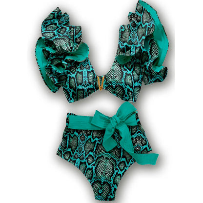 Sporlike V-Neck Ruffled Bikini Set – High Waist Sexy Printed Two-Piece Swimsuit for Women 2025