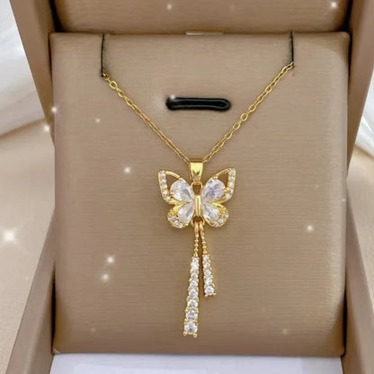 Exquisite Micro Inlaid Zircon Butterfly Tassel Necklace – Titanium Steel, Perfect Gift for Fashion-Forward Women