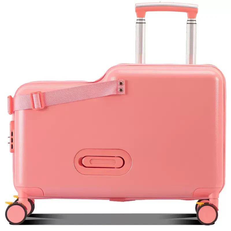 18-Inch Foldable Kids Suitcase with Seat – Lightweight PC Luggage for Boys & Girls, Compact Travel Pedal Boarding Case