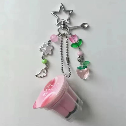 Pudding Keychain - Y2K Retro Egg Flan Charm Beaded Pendant for Bags Phone & Cosplay Accessories