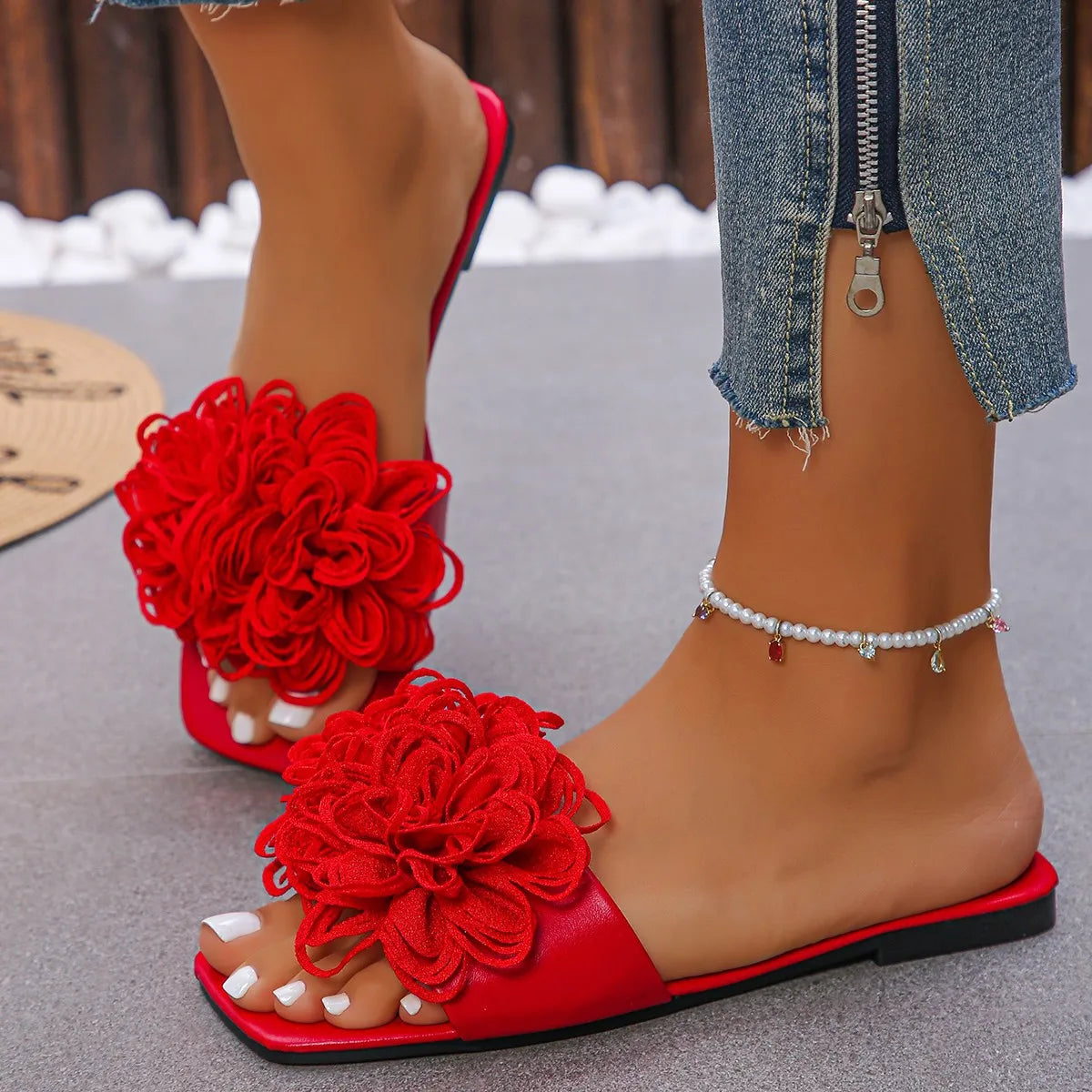 Women’s Crochet Flower Slide Sandals - Colorful Floral Slip-On Mules for Summer