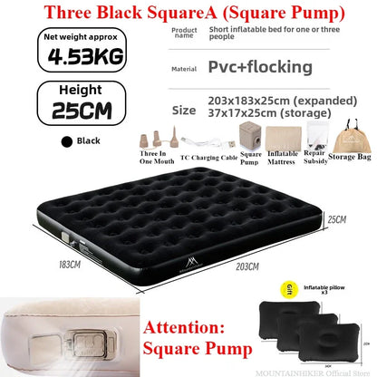 MOUNTAINHIKER 2025 Inflatable Air Mattress – PVC Camping Bed Mat for 1-3 Persons, Built-in Pump Glamping Sleeping Mat