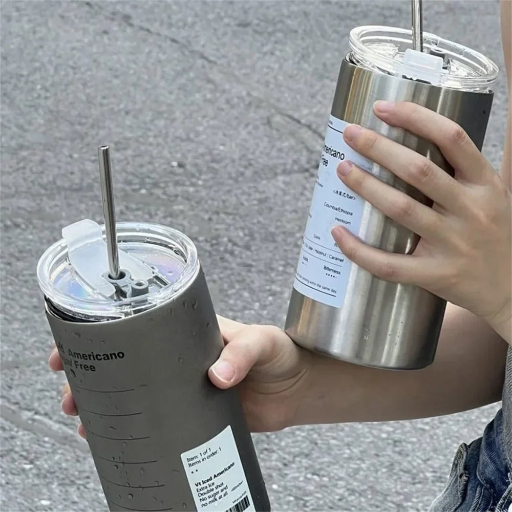 600ml Portable Stainless Steel Thermos Cup - Leak-proof Coffee Mug with Straw, Insulated Water Bottle for Drinkware