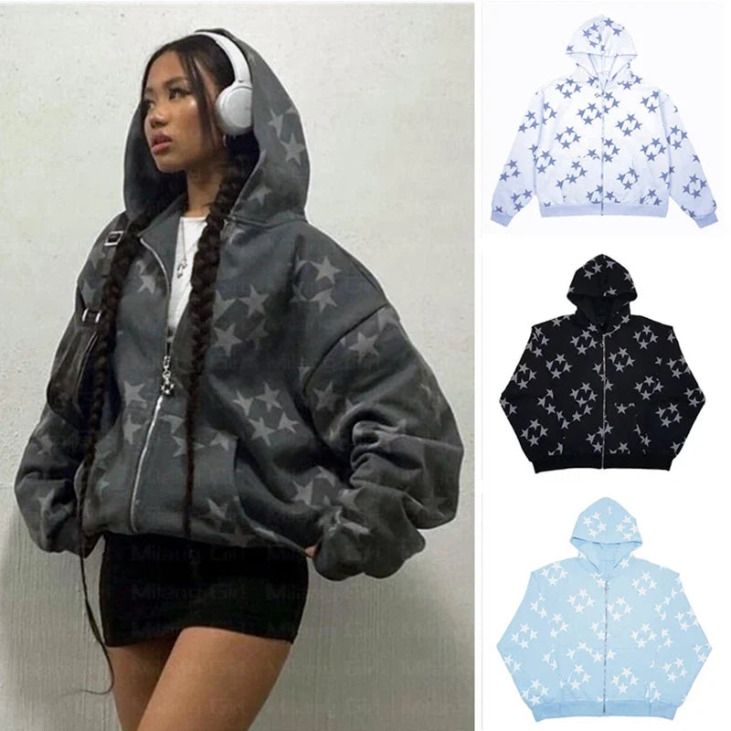 Y2K Star Print Hoodie Set - Harajuku Loose Streetwear Sweatshirt & Sweatpants