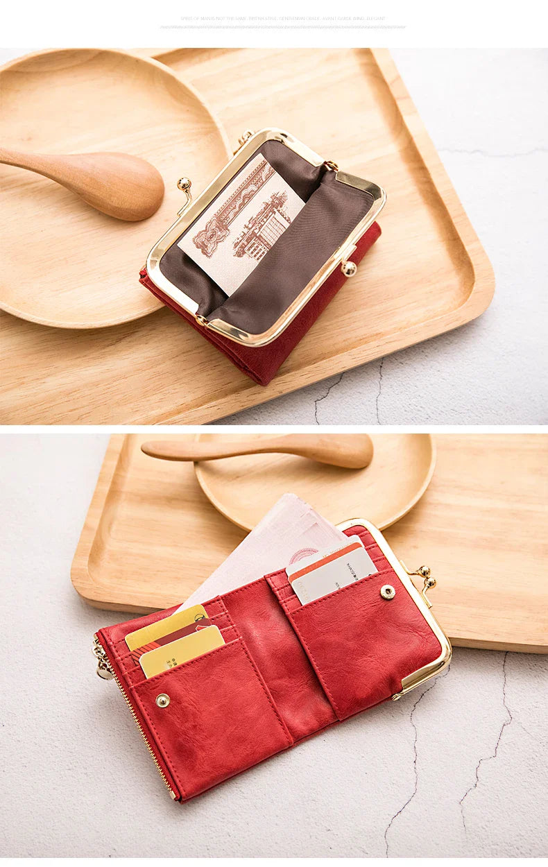 MIYIN Women’s Small Wallet – RFID Compact Bifold Leather Coin Purse with Zipper & Kiss Lock, Vintage Design