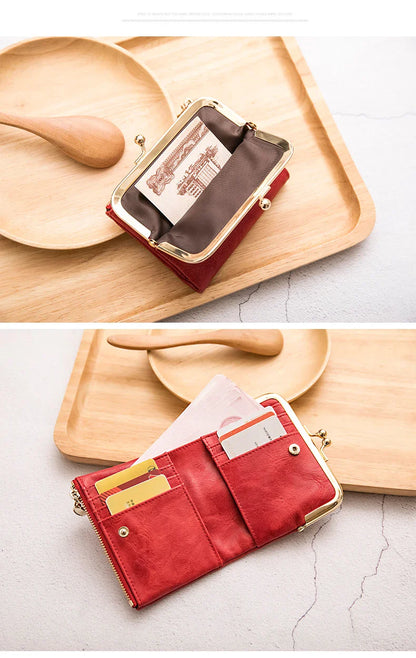 MIYIN Women’s Small Wallet – RFID Compact Bifold Leather Coin Purse with Zipper & Kiss Lock, Vintage Design
