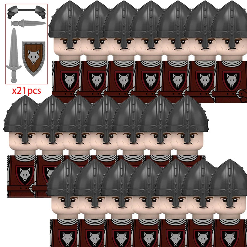 21PCS MOC Medieval Knights & Roman Legion Soldiers Building Blocks Set Warrior Figures with Weapons Helmet Bricks Toy Collection