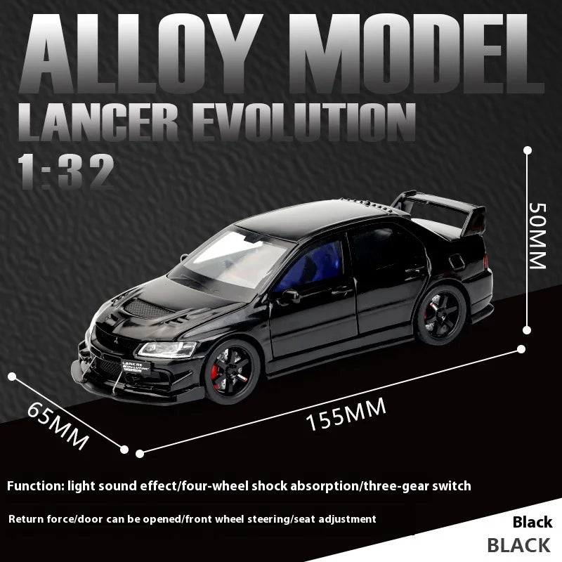 JDM 1:32 Mitsubishi Lancer Evolution IX — Diecast Metal Alloy Racing Car Model with Sound & Light, Right Rudder Gift