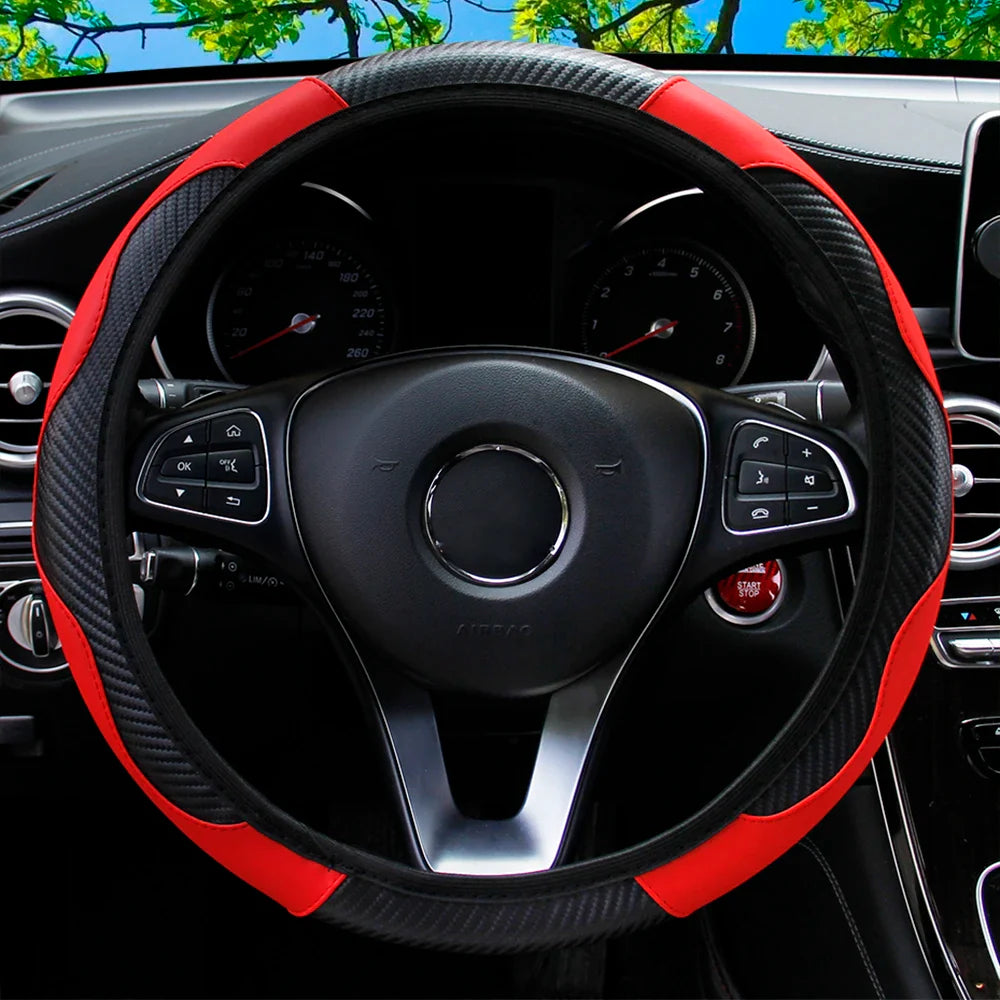 PU Carbon Fiber Leather Steering Wheel Cover — No Inner Ring, Fits 14.5-15 Inch Cars