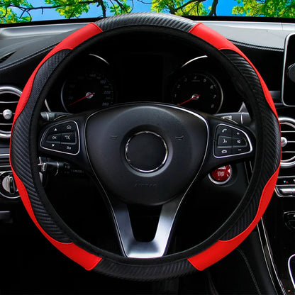 PU Carbon Fiber Leather Steering Wheel Cover — No Inner Ring, Fits 14.5-15 Inch Cars