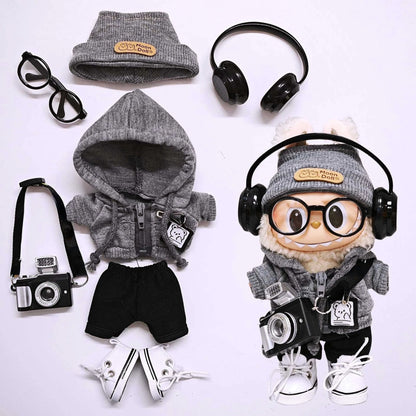 Labubu 15cm/17cm Universal Hoodie Set – Gray Trendy Outfit with Camera, Glasses, Headphones & Canvas Shoes (Series 1-3 Compatible)