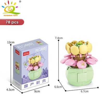 HUIQIBAO MOC Flower & Succulent Potted Building Block Set – DIY Eternal Bouquet, Home Desk Plant Decor, Girls & Kids Toy Gift
