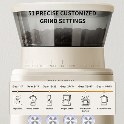 Petrus Electric Coffee Bean Grinder | 51 Precise Settings | Stainless Steel Conical Burr Grinder with Digital Timer Display