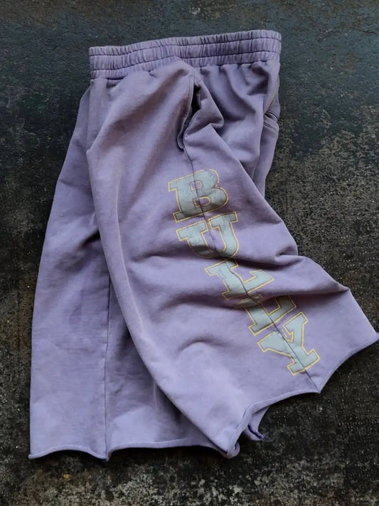 Men’s Y2K Bully Letter Print Sweat Shorts - Vintage Washed Loose Fit Streetwear