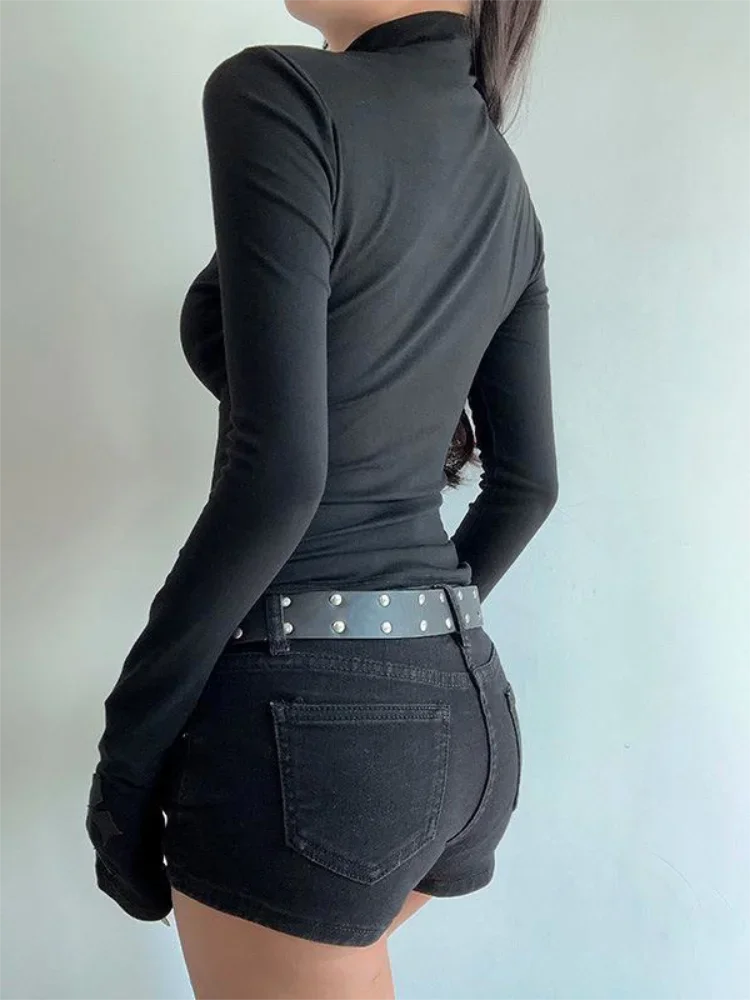 Y2K Black Gothic Turtleneck Top – Hollow Cross Slim Long-Sleeve T-Shirt for Women