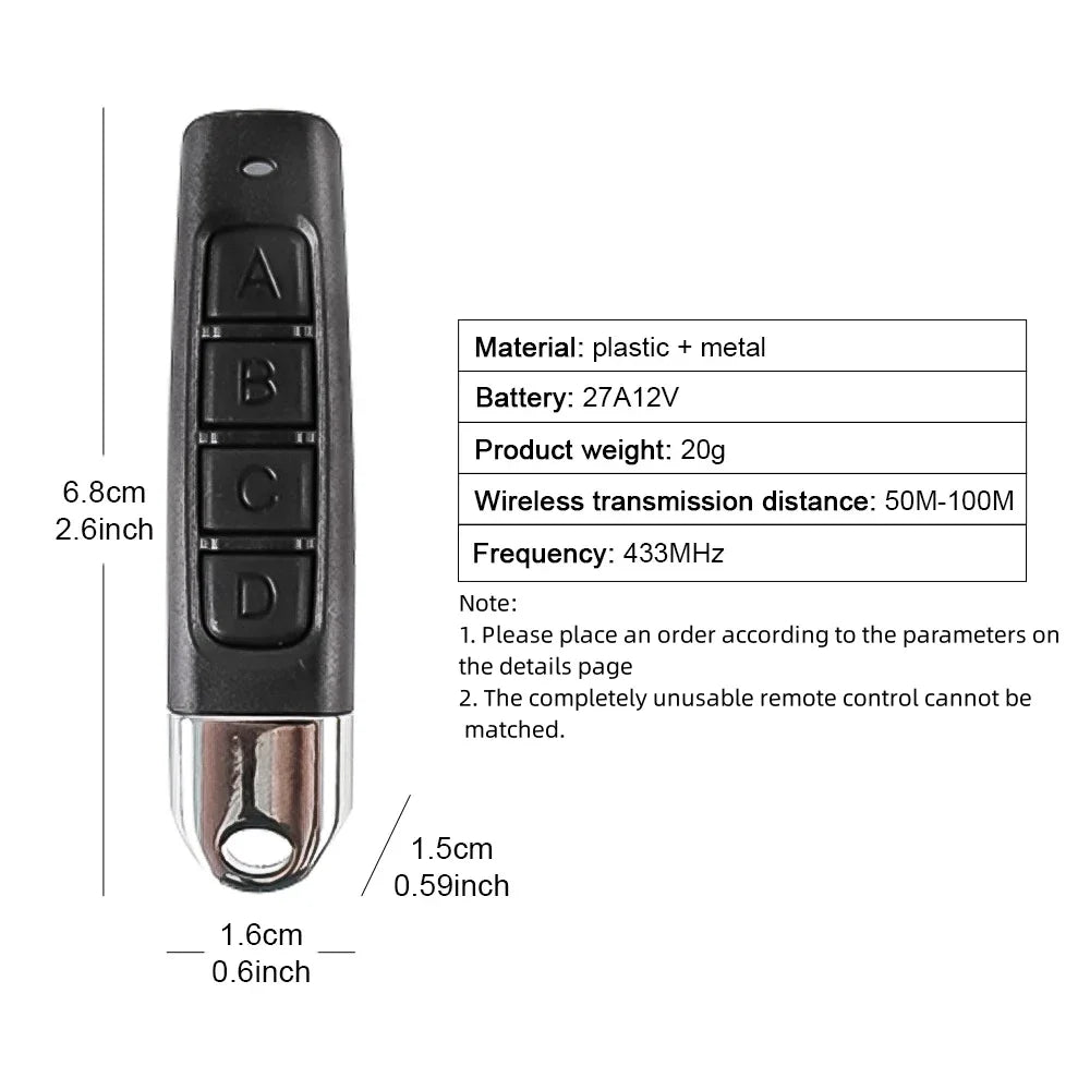 433MHz Copy Remote Control – 4-Channel ABCD Code Garage Door & Gate Opener Duplicator, Car Key Cloning