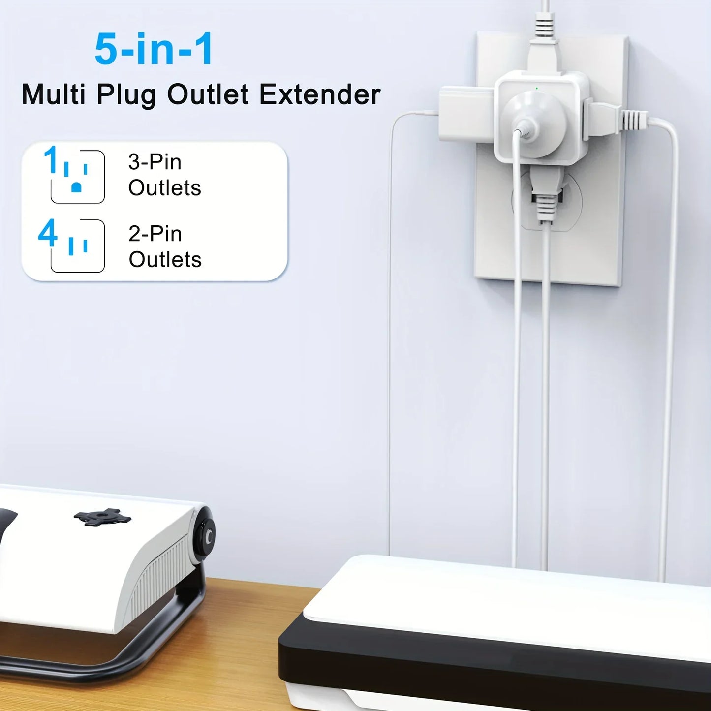 5-Way Multi Plug Outlet Extender - Wall Outlet Expander for Travel, Home, Office, Dorm - Small Electrical Outlet Splitter