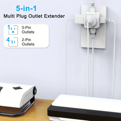 5-Way Multi Plug Outlet Extender - Wall Outlet Expander for Travel, Home, Office, Dorm - Small Electrical Outlet Splitter