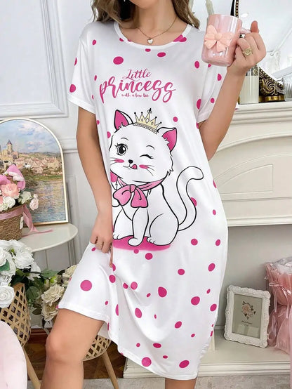 Women's White Cat Print Polka Dot Nightdress with Bow Detail