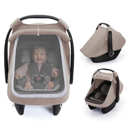 Baby Car Seat Cover – Breathable Muslin Cotton Canopy with Mesh Window, Infant Stroller Sun Shade & Carrier Protection Cover