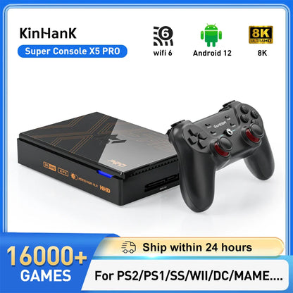 Kinhank Super Console X5 PRO – Retro Video Game Console with 16,000 Games, Plug & Play, PS2/WII/SS/DC/N64, Android 12 TV Box, 4TB