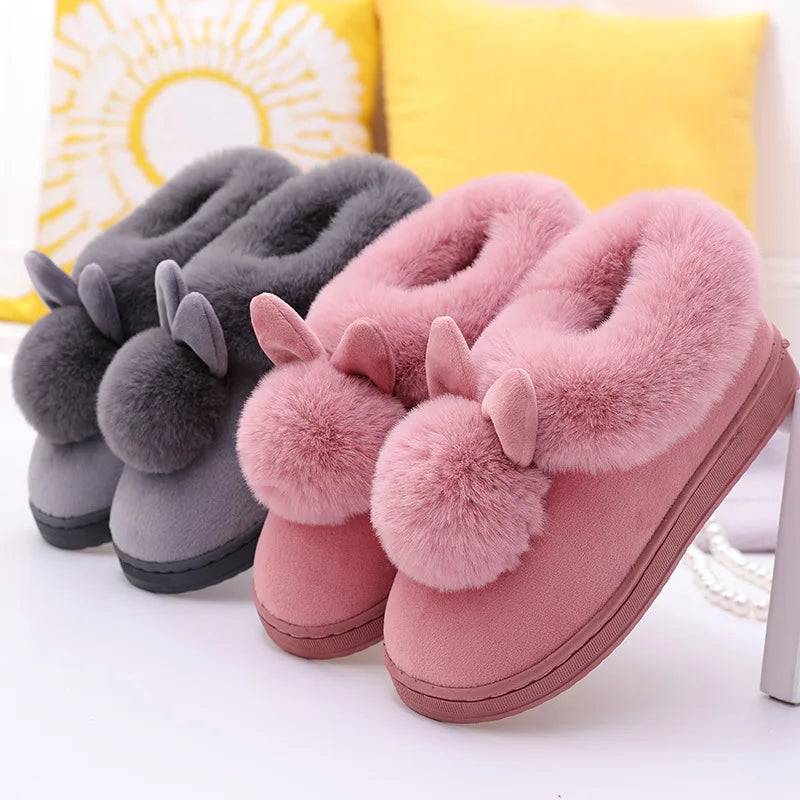 Unisex Winter Plush Slippers – Thick Sole Cozy Faux Rabbit Fur Indoor Slides with Closed Back for Couples