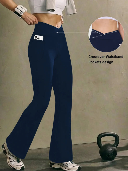 Women’s Super Soft High Waisted Flare Leggings – Crossover Waist Tummy Control Yoga Pants with Pockets Fitness Activewear