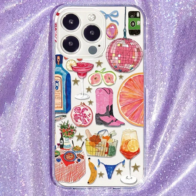Summer Vibe Clear Phone Case — Soft Silicone Disco Ball & Fruit Design Cover for iPhone 7-16 Pro Max, Mini, XR, 11-15