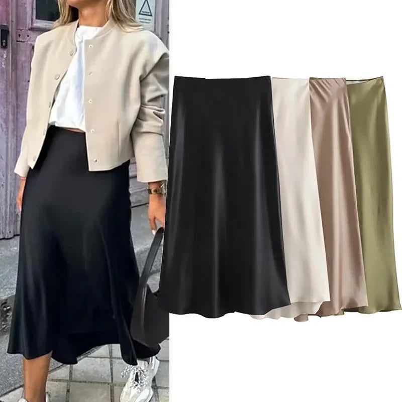 Willshela 2024 Women’s Black Satin High Waist Midi Skirt – Elegant Long Office & Summer Fashion Skirt for Women, Slim Fit Casual Wear